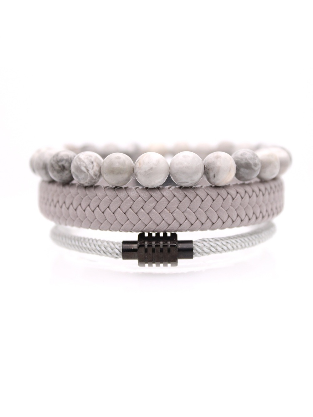 Men's Grey Bead & Braided Leather Bracelet Set